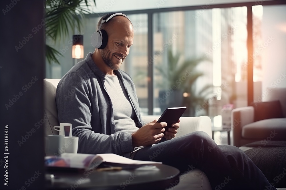 a mature grown-up male adult with silver hair and beard wearing on-ear headphones and watching or reading some content on a laptop indoors , modern sleek interior. a mature grown-up male adult with silver hair and beard wearing on-ear headphones and watching or reading some content on a laptop indoors , modern sleek interior.