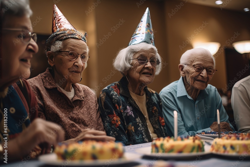 Seniors celebrating a birthday in a nursing home