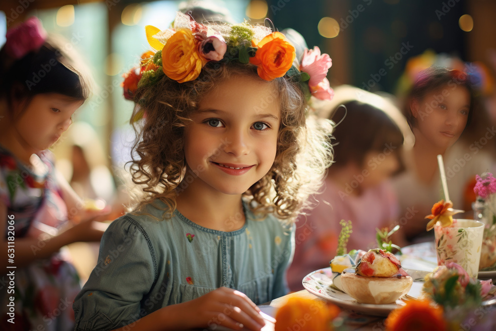 kleines Mädchen mit Blumenkranz auf den Kopf feiert mit ihren