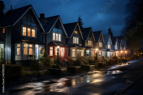 Illuminated Nightfall, A Spectacular Line of Lit-Up Houses