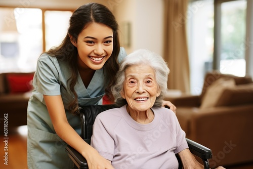 Senior woman and her female caretaker in a nursing home smiling