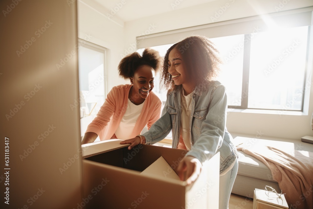 Young female couple moving into their new home apartment Young female couple moving into their new home apartment