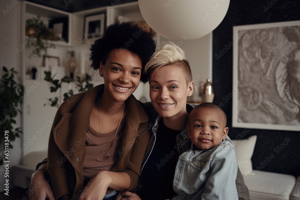 Young female couple with their adopted child at home Young female couple with their adopted child at home