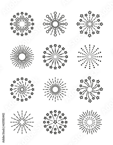 Firework icon collection. Set of burst stars and sparks. Line sparkle explosion. Happy new year shiny symbol. Vector illustration. Outline birthday party elements isolated on white background.