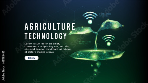 A sapling is growing on the ground.Connection to wifi.low polygon design of wifi symbol.Hi-tech agriculture technology concept glowing green tones on dark background.Vector illustration.