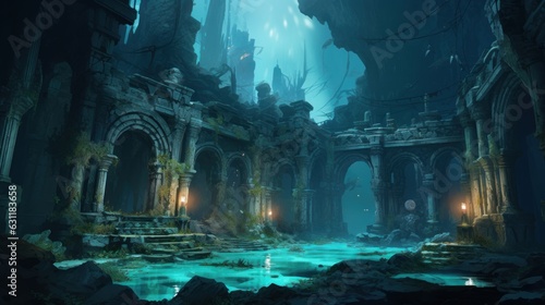 Coral City Ruins  Illustrate the remains of an ancient city submerged beneath the ocean game art