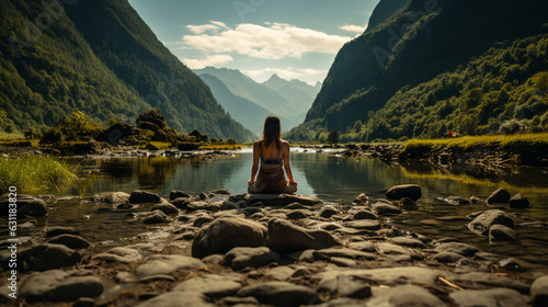Woman Practicing Yoga by the Mountain Lake