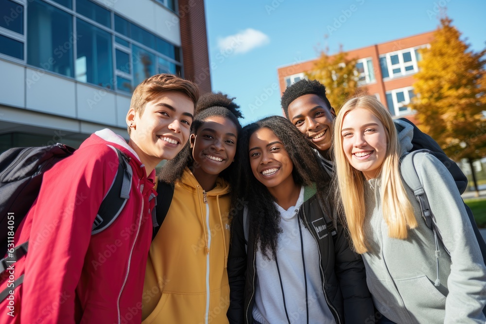 Group of young students smiling in the city portrait Group of young students smiling in the city portrait