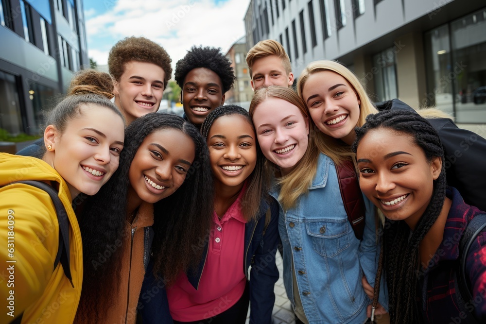 Portrait of a group of high school students looking at camera after school Portrait of a group of high school students looking at camera after school