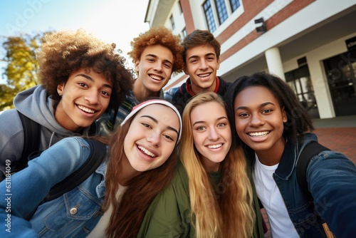 Group of young students smiling in the city portrait