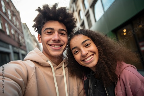 Young people smiling in the city portrait