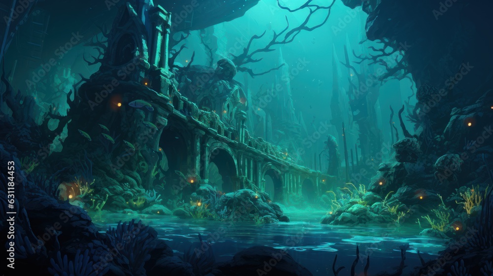 Fototapeta premium Coral City Ruins, Illustrate the remains of an ancient city submerged beneath the ocean game art