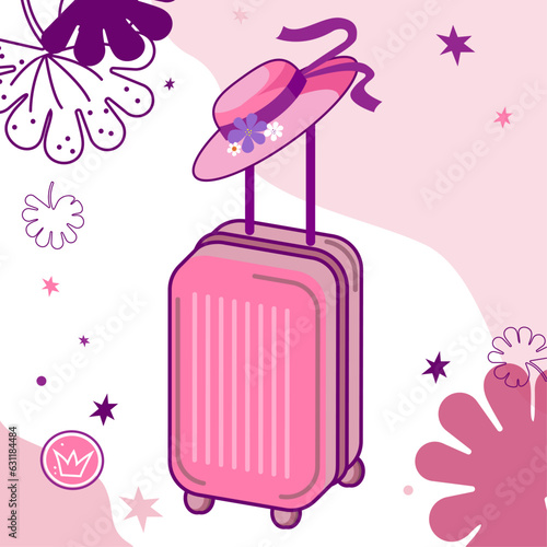 pink suitcase on wheels and hat in Barbie style vector picture