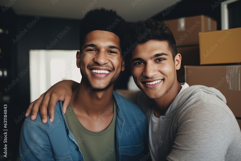 Fototapeta premium Gay male couple moving into their new home apartment