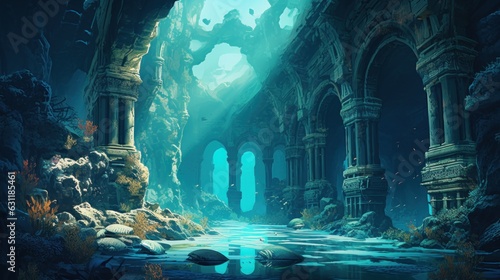 Coral City Ruins, Illustrate the remains of an ancient city submerged beneath the ocean game art © Damian Sobczyk