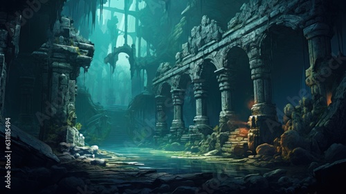 Coral City Ruins, Illustrate the remains of an ancient city submerged beneath the ocean game art © Damian Sobczyk