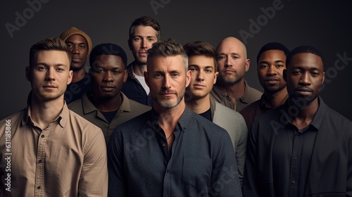 Group of men in studio settin, multicultural male beauty 