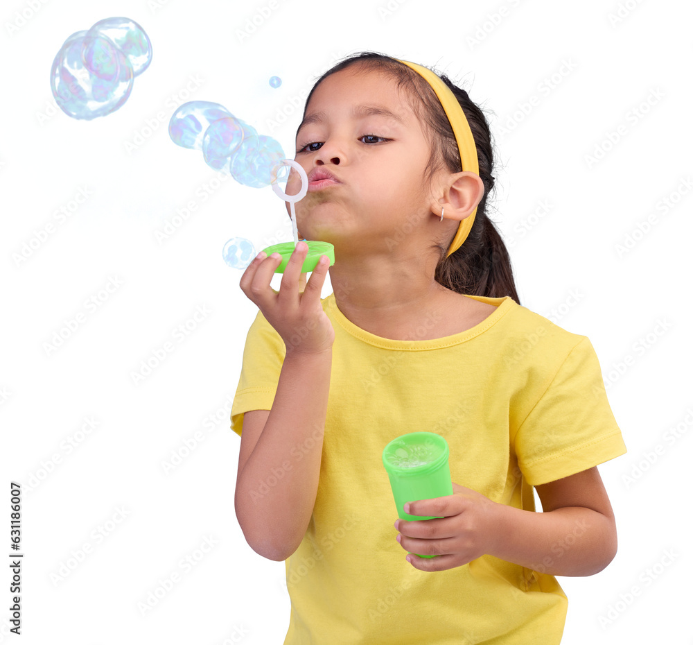 Children, girl and blowing bubbles isolated on a transparent png background for fun and development of motor skills. Kids, game or soap toys and a cute or adorable young child playing with wand Children, girl and blowing bubbles isolated on a transparent png background for fun and development of motor skills. Kids, game or soap toys and a cute or adorable young child playing with wand