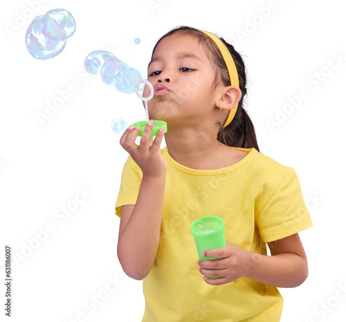 Children, girl and blowing bubbles isolated on a transparent png background for fun and development of motor skills. Kids, game or soap toys and a cute or adorable young child playing with wand