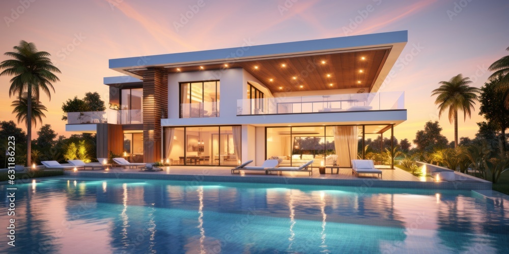 Modern luxury villa  with swimming pool at sunset