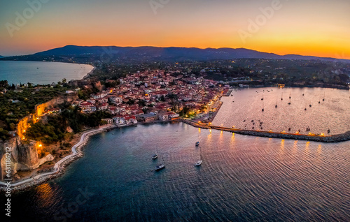Aerial view over Koroni seaside city at sunset. Koroni, Messenia, Greece