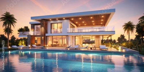 Modern luxury villa  with swimming pool at sunset © Savinus