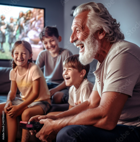 A long shot of the man and his grandchildren sitting on the couch, modern aging stock images, photorealistic illustration