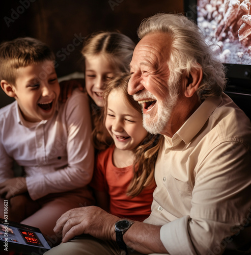 A close-up of the mans face as he smiles and laughs while playing a video game with his grandchildren, modern aging stock images, photorealistic illustration