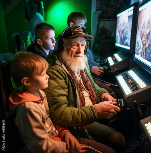 A candid shot of the man and his grandchildren playing a video game in an arcade, modern aging stock images, photorealistic illustration