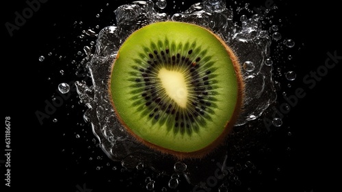  a kiwi cut in half with water splashing around it. generative ai