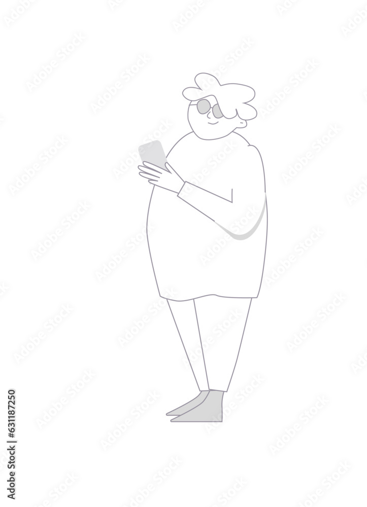 Happy old lady with a phone in her arms. Line art. Vector illustration. Isolated on white