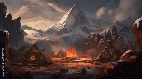 Depict a forge nestled near a volcano where mythical weapons are crafted game art