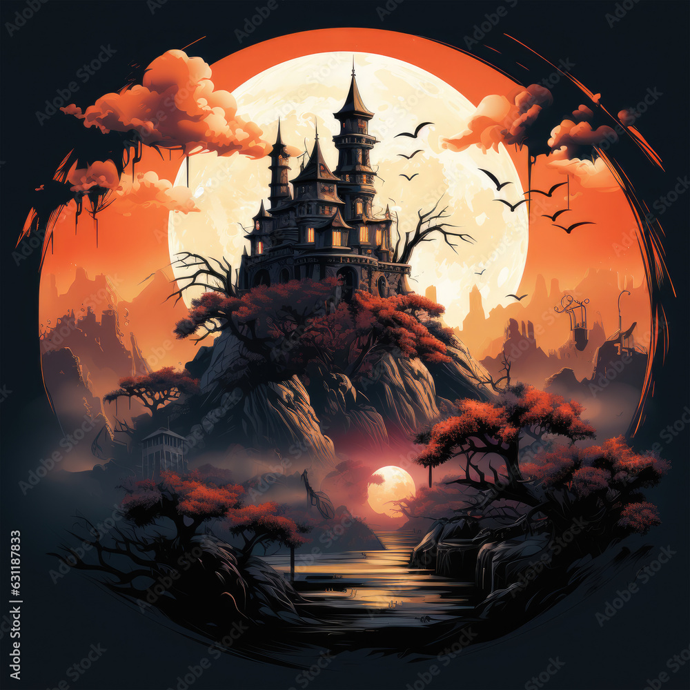 A futuristic and dystopian halloween haunted house t-shirt design ...