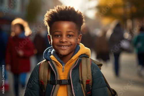 Happy cute black schoolkid with his friends.