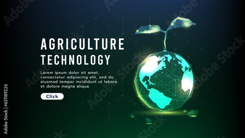 A sapling is growing up on the earth.low polygon design.Hi-tech agriculture technology concept glowing green tones on dark background.Vector illustration.