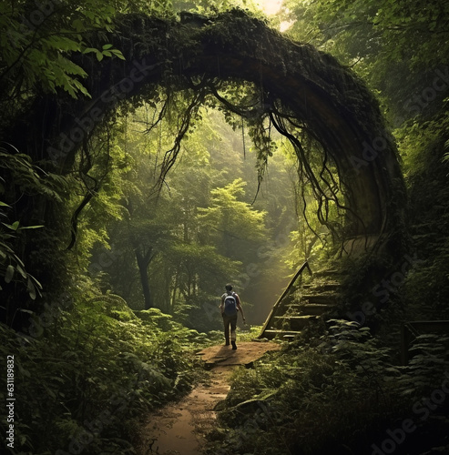Man walking along an overgrown bridge in the forest, wanderlust travel stock images, travel stock photos wanderlust