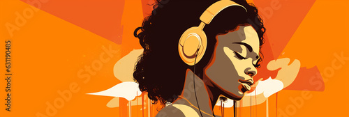 african american woman in headphones closing her eyes listening to music on orange, background colorful illustration. Generative Ai. 