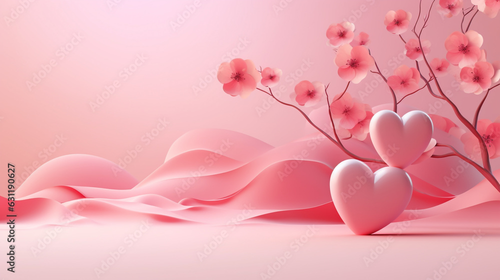 romantic pink background with pink flowers. Generative Ai. 