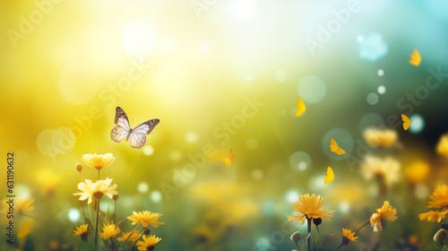 butterflies flying over a flower field at sunset. Generative Ai. 