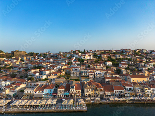 Aerial view over Koroni seaside city at sunset. Koroni, Messenia, Greece