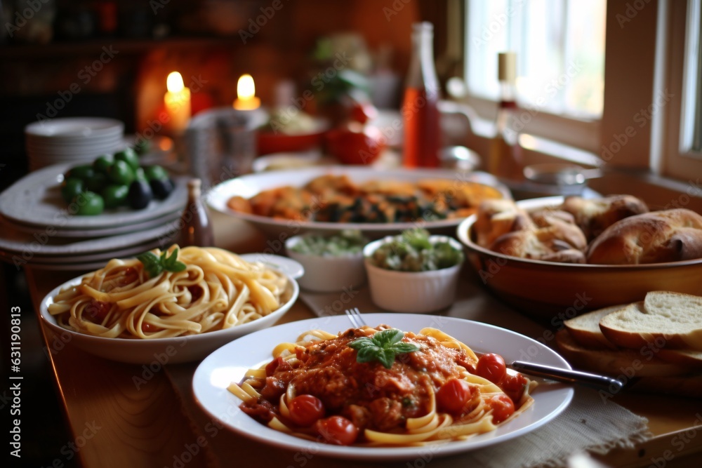 Spaghetti bolognese with tomato sauce and olives on wooden table. Delicious Italian pasta feast with different pasta.