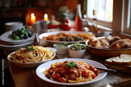 Spaghetti bolognese with tomato sauce and olives on wooden table. Delicious Italian pasta feast with different pasta.