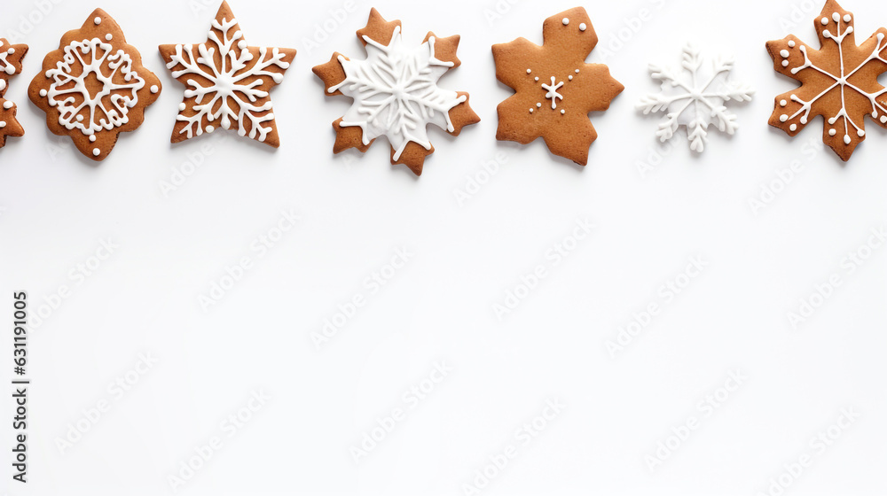 Christmas background with gingerbread and cookies isolated on white with empty space to insert. Generative Ai. Christmas background with gingerbread and cookies isolated on white with empty space to insert. Generative Ai.