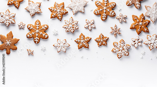 christmas gingerbread cookies with decorative snowflakes on white background top view. Generative Ai. 
