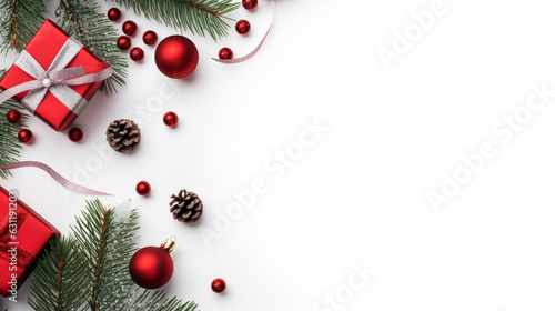 Christmas background from baubles on a white background with a place to insert. Generative Ai. 