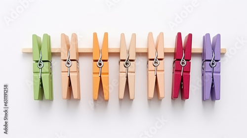 wooden clothespins on white background top view. Generative Ai. 