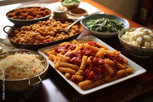 Different kinds of pasta with tomato sauce on a table in a restaurant. Delicious Italian pasta feast with different pasta.
