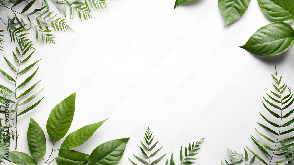 Naklejka premium tropical leaves frame on white background and top view. Generative Ai. 