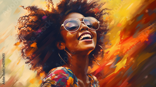 happy smiling african american woman in sunglasses on yellow and orange background, abstract impressionism style illustration. Generative Ai. 