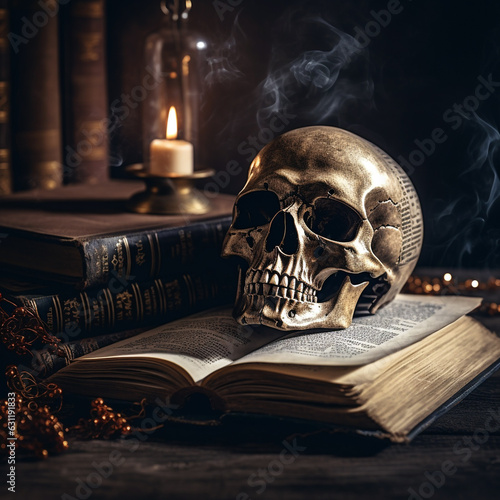 a human skull lies on an open old book next to a burning candle, magical atmosphere. Generative Ai. 